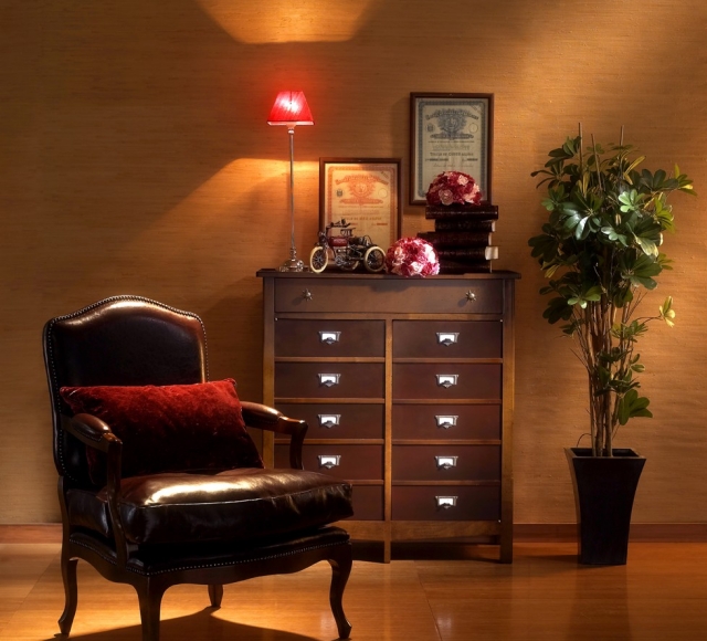 25-idées-mobilier-style-vintage-fauteuil-cuir-brun-foncé-commode-bois