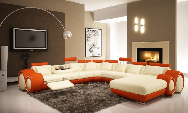 aménagement de salon idée-originale-forme-orginale-orange-blanc