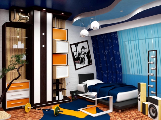 aménagement-fonctionnel-déco-chambre-garçon-moderne-lit-bas-accents-bleu-foncé-orange
