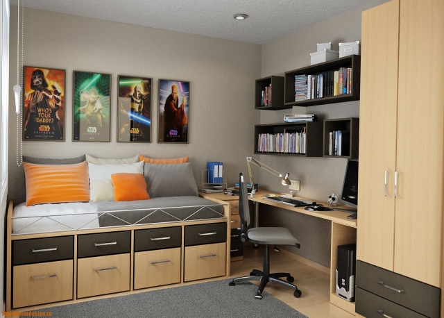 aménagement-fonctionnel-déco-chambre-garçon-moderne-lit-bois-tiroirs-armoire-bois-accents-orange-gris
