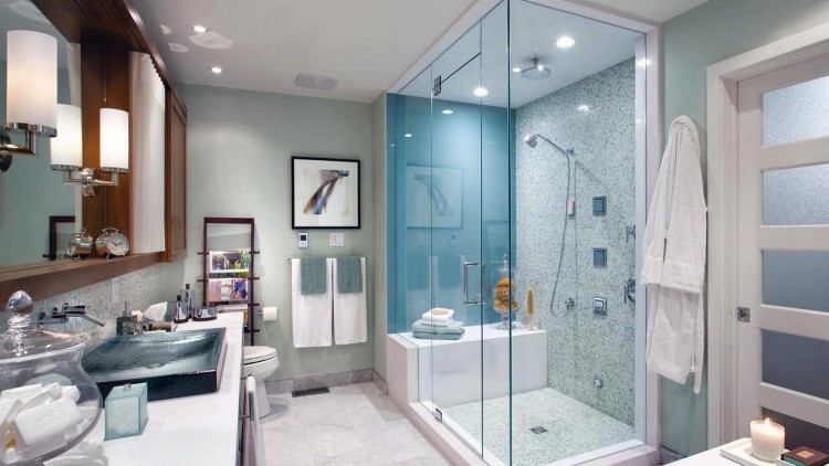 aménagement-salle-bain-cabine-douche-peinture-grise-cadres-déco