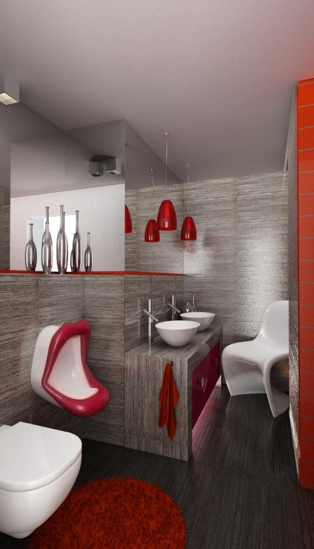 aménager-salle-bain-moderne-idées-conseils-revêtement-effet-bois-éléments-rouges salle de bain moderne