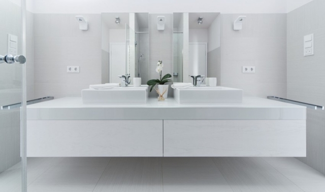 ameublement-exclusif-salle-bain-design-minimaliste-blanche-dessus-vanité-deux-cuves-orchidée-blanche ameublement salle de bain