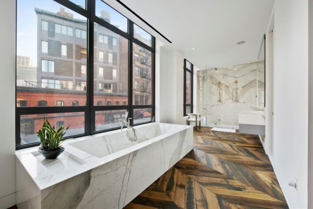 ameublement salle de bain ameublement-exclusif-salle-bain-marbre-blanc-lavabo-parquet ameublement salle de bain