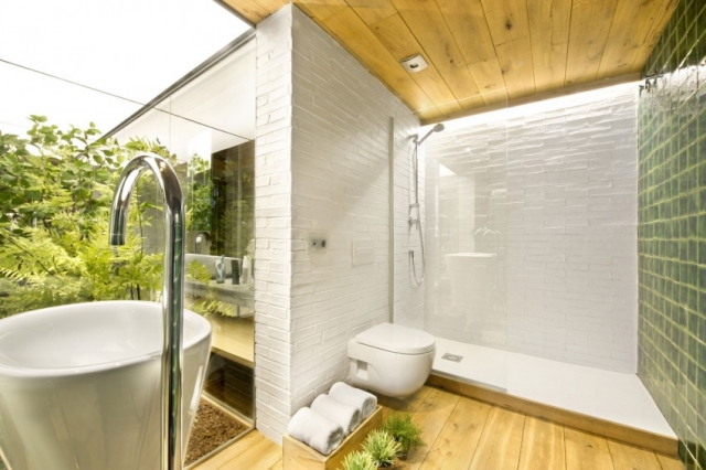 ameublement-exclusif-salle-bain-moderne-cuvette-blanche-suspendue-cloison-verre-transparente ameublement salle de bain