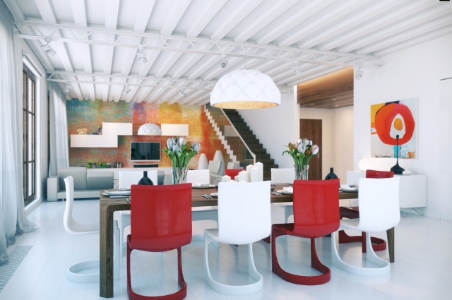 ameublement salle à manger ameublement-salle-manger-idées-chaises-plastique-blanc-rouge-table-longue-bois