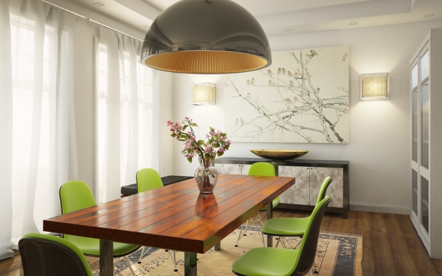 ameublement-salle-manger-idées-lustre-ovale-table-bois-chaises-vert-réséda