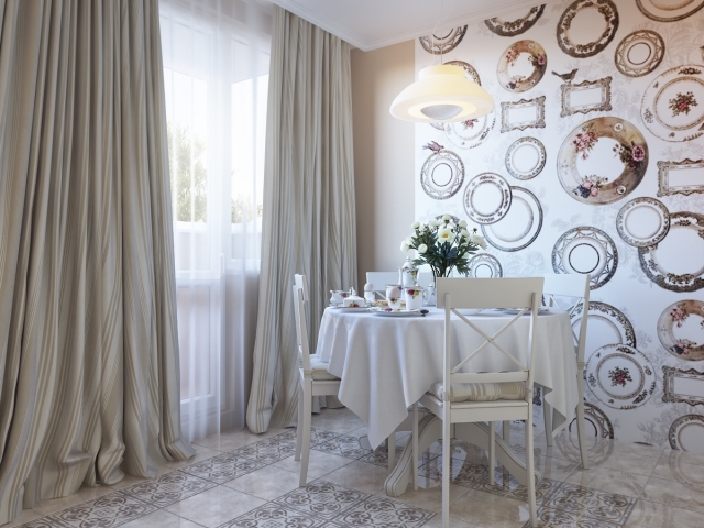 ameublement-salle-manger-idées-papier-peint-blanc-motifs-rideaux-nappe-blanche-table-carr&e-chaises-blanches