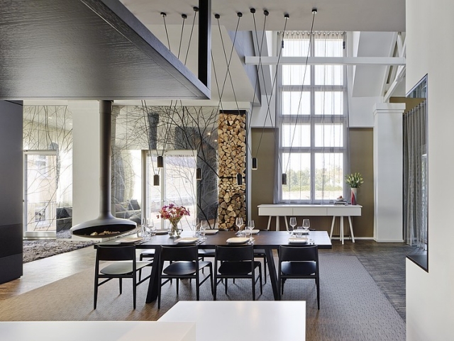 ameublement salle à manger ameublement-salle-manger-idées-table-bois-chaises-bois-noires-cheminée-moderne