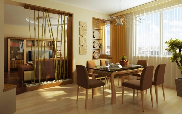 ameublement-salle-manger-idées-table-bois-verre-chaises-tapissées-zen-bambou