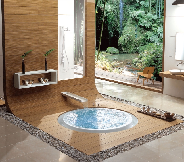 déco zen atmosphère-zen-25-idées-salle-bain-déco-zen-baignoire-ronde-encastrée-revêtement-bois-pierres-naturelles