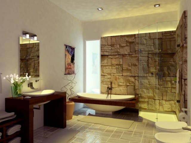 déco zen atmosphère-zen-25-idées-salle-bain-déco-zen-revêtement-mural-pierre-naturel-baignoire-vasque-ovale-fleurs-blanches