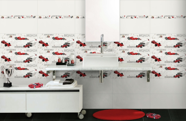 carrelage-salle-bain-motifs-design-italiens-blanc-voitures-rouges carrelage salle de bain