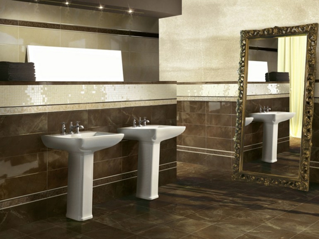 carrelage-salle-bain-motifs-design-italiens-brun-brillant-accent-beige-mosaique carrelage salle de bain