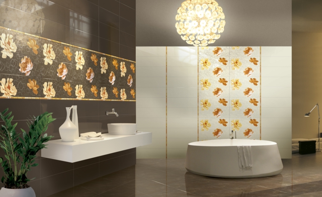 carrelage-salle-bain-motifs-design-italiens-floraux-brun-jaune carrelage salle de bain