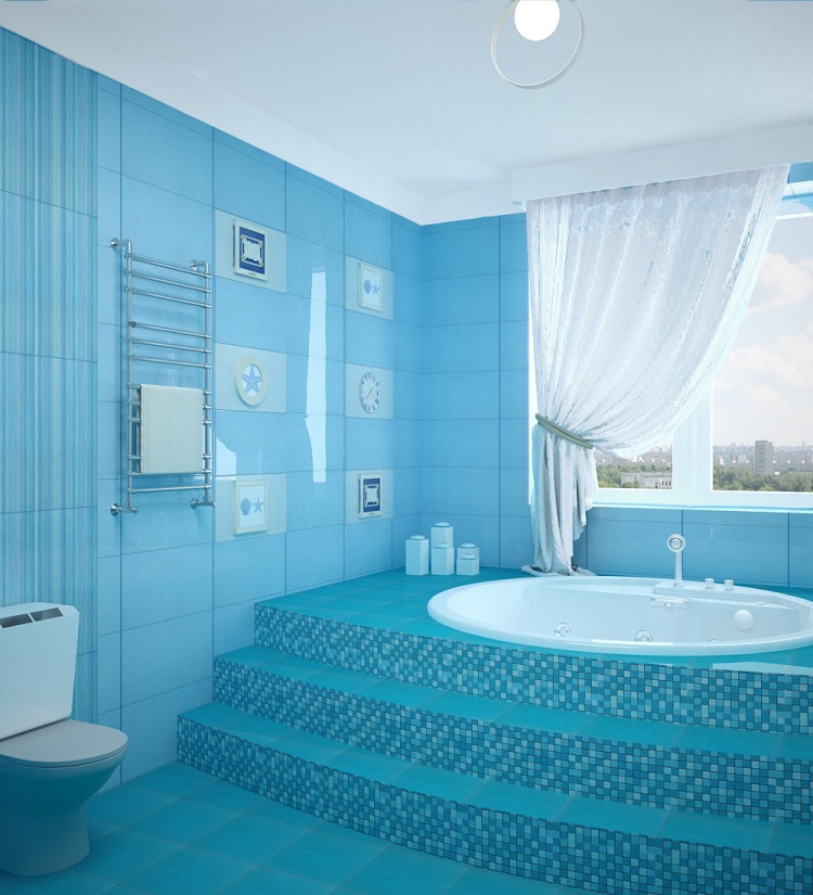 couleur-salle-bain-carrelage-mural-bleu-ciel-baignoire-enterrée-plafond-blanc