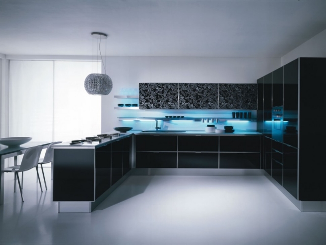 cuisine noire style minimaliste éclairage LED bleu