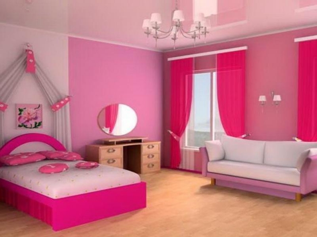 déco-chambre-fille-idée-originale-lit-canape-rideaux-rose-miroir-rond
