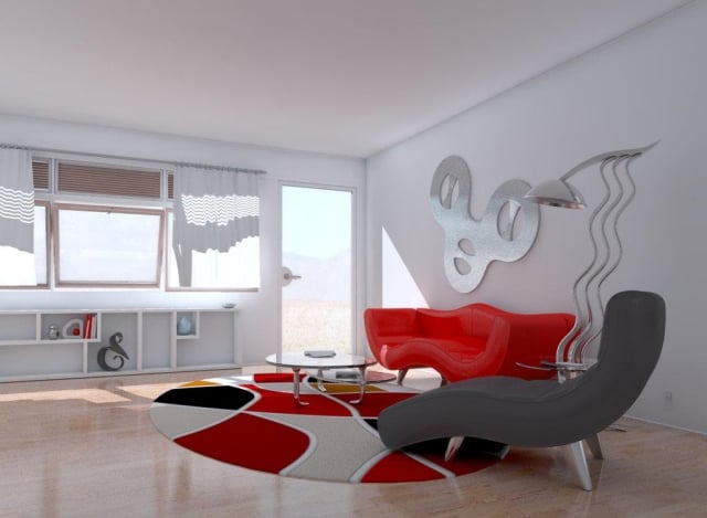 déco-salon-moderne-canapé-rouge-tapis-lampadaire