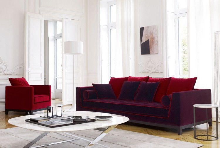 idée déco salon –rouge-canape-fauteuil-rouge-fonce-table-basse-marbre