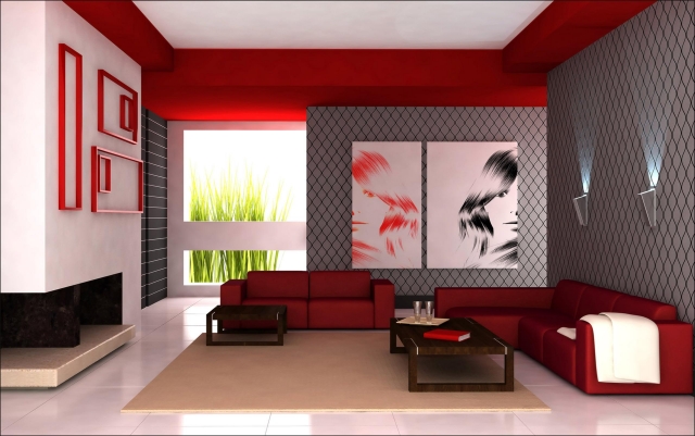 idée-déco-salon-moderne-canapé-d`angle-rouge