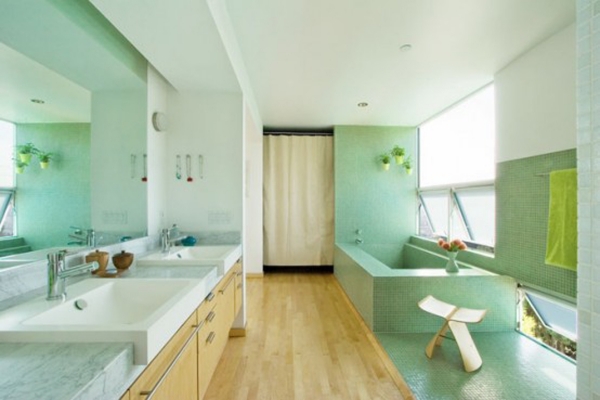 idées salle de bain vert-pastel-mosaïque-bois-clair