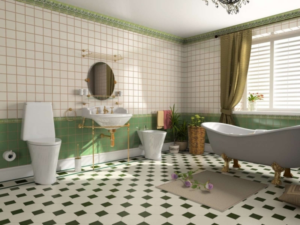 idées salle de bain vintage-sol-damier-bordures-corniches-vert