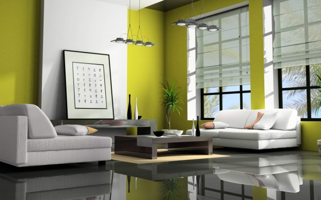 idée-salon-moderne-style-japonais-murs-vert-pomme