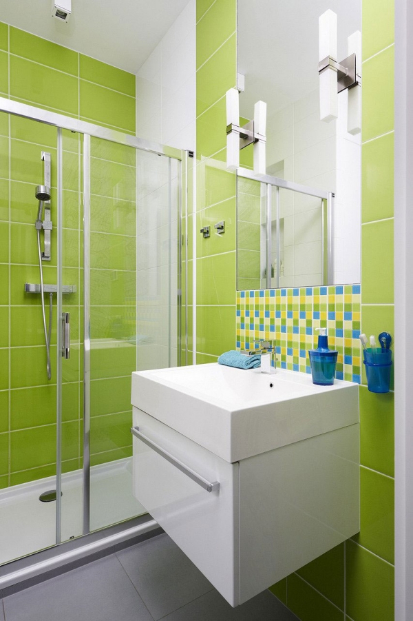 idées salle de bain carrelage mural-vert-pomme-mobilier-blanc