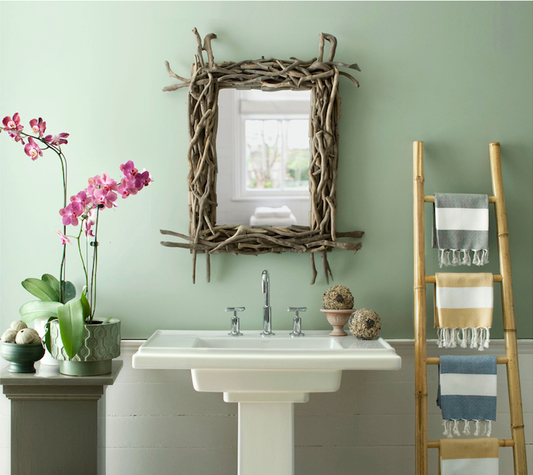 idées-salle-bain-peinture-vert-pastel-cadre-miroir-bois-flotté