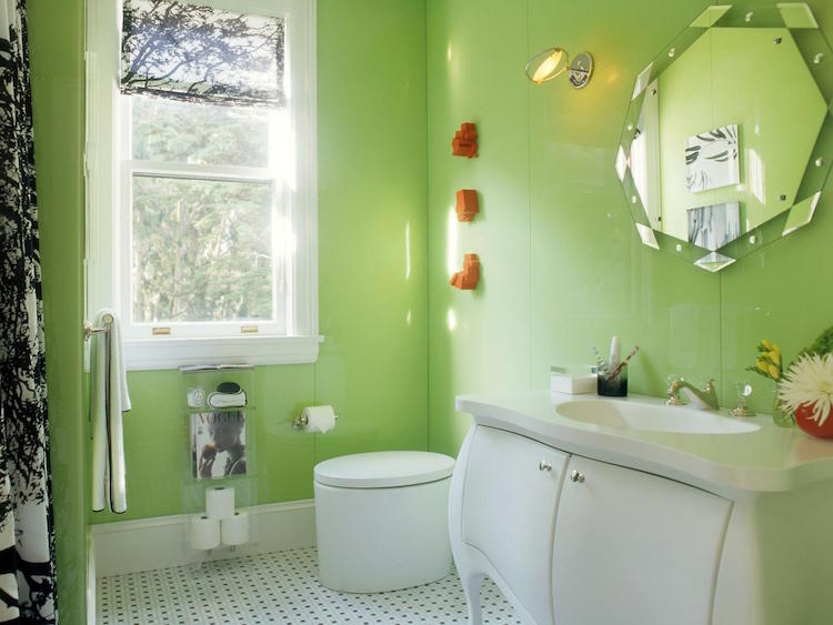 idées-salle-bain-vert-meuble-lavabo-sur-pieds-miroir-original
