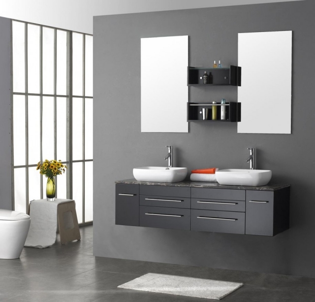 idée-originale salle de bain grise double-évier-miroirs-rectangulaires