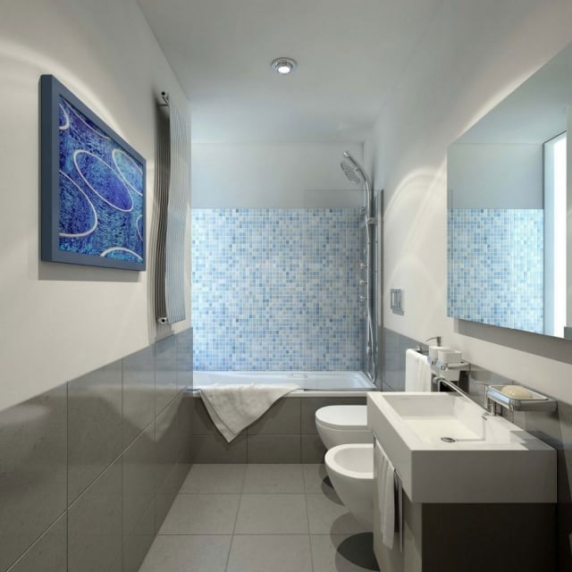 idée-originale-salle-de-bain-grise-moisaïque-bleue-carreaux-évier-toilettes