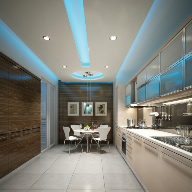 idée-originale éclairage indirect led bleu-plafond-cuisine-coin-repas