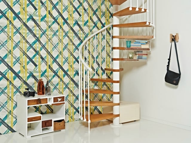 idées-escalier-colimaçon-marches-bois-rampe-blanche escalier colimaçon