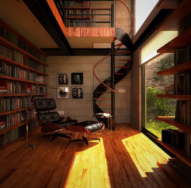 idées-escalier-colimaçon-moderne-design-métal-noir-marches-bois 