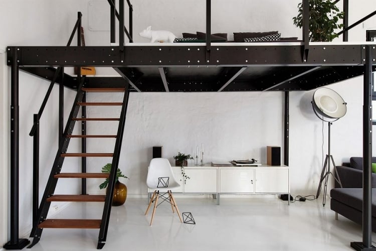 lit-mezzanine-deux-palces-métal-noir-chaise-design-meuble