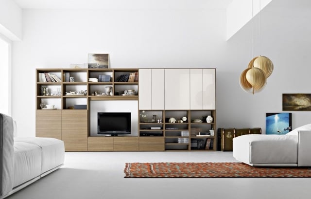 meuble-TV-bibliothèque-bois-clair-blanc-salon-moderne