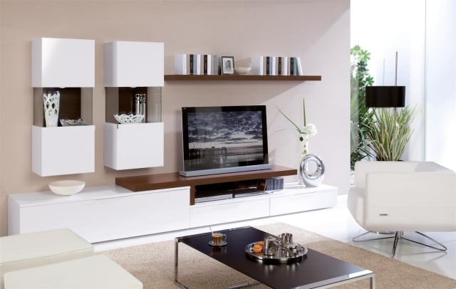 meuble-TV-blanc-bois-foncé-salon-moderne-blanc