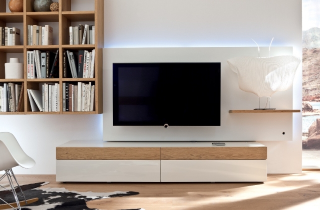 meuble TV moderne panneau blanc-bois-clair