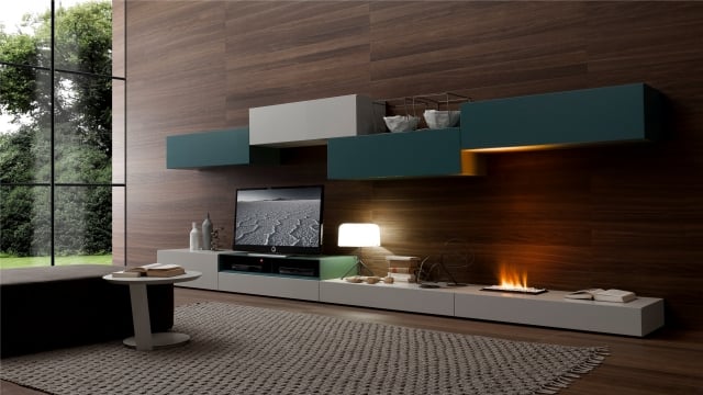 meuble TV ultramoderne cheminée mur bois foncé