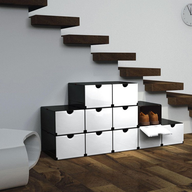 meuble chaussures -rangements-bois-brun-blanc-escalier-bois-moderne