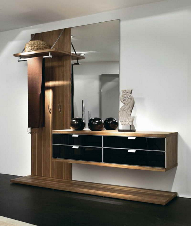 meuble-entrée-contemporain-bois-noir-miroir-patères-tiroirs