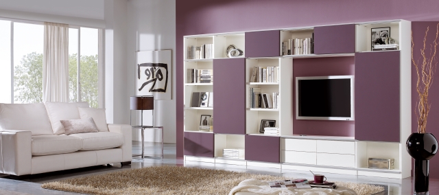 meuble télé idée-originale-bibiliothèque-blanche-violet