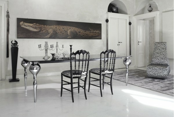 meubles salle à manger meubles-salle-manger-idées-aménagement-table-métallique-chaises-noirs-tapissées