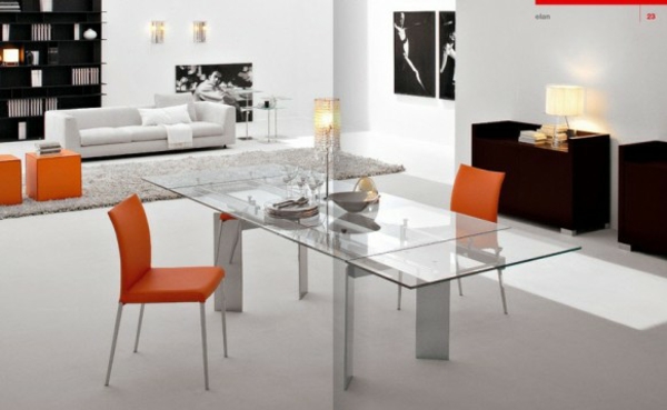 meubles-salle-manger-idées-aménagement-table-verre-chaises-orange