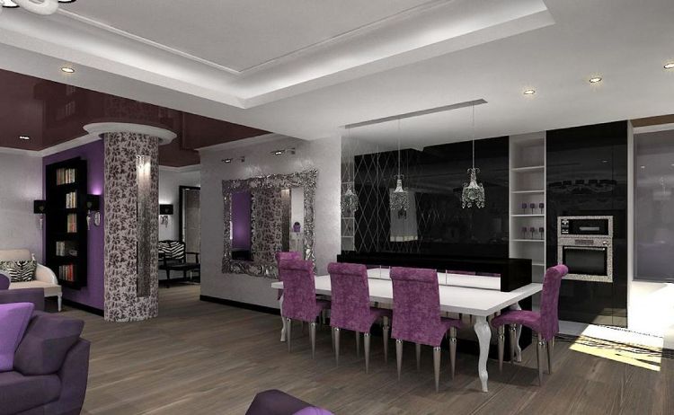 meubles-salle-manger-table-art-déco-chaises-violet-plafond-blanc