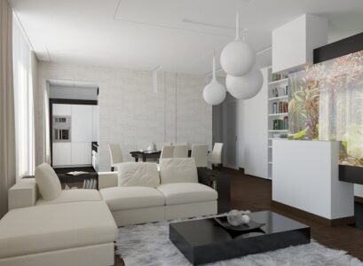 meubles-salon-décoration-originale-canapé-blanc-table-basse-noire-tapis-poil-long