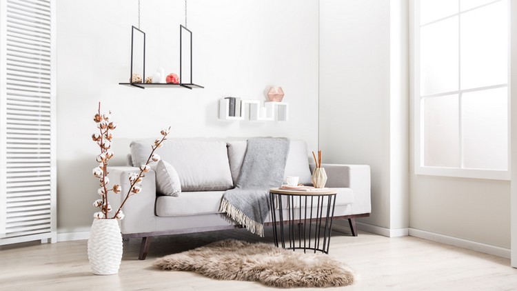 meubles scandinaves -salon-table-basse-ronde-bois-métal-canapé-droit-gris-perle