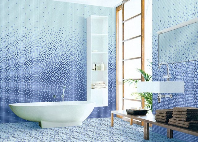 mosaïque salle de bain nuances-bleu-baignoire-îlot